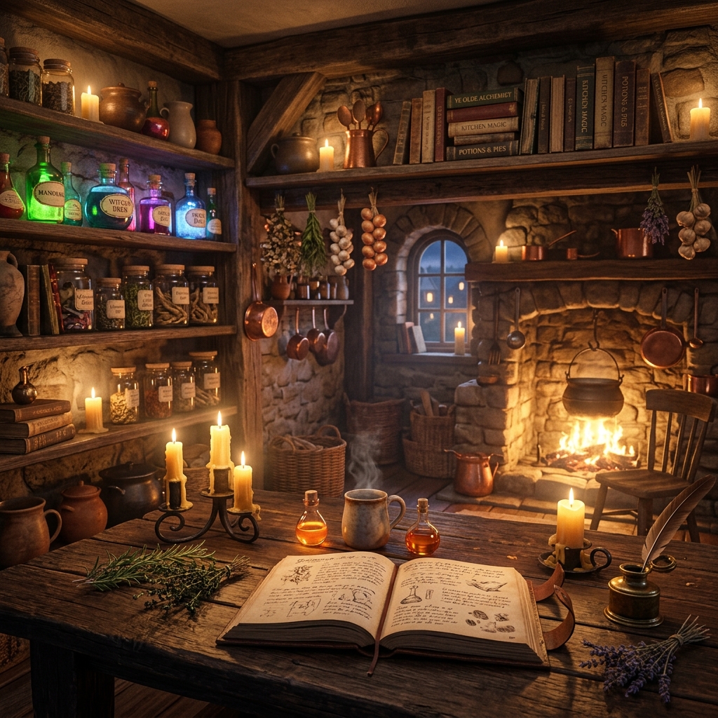 Cozy fantasy kitchen background